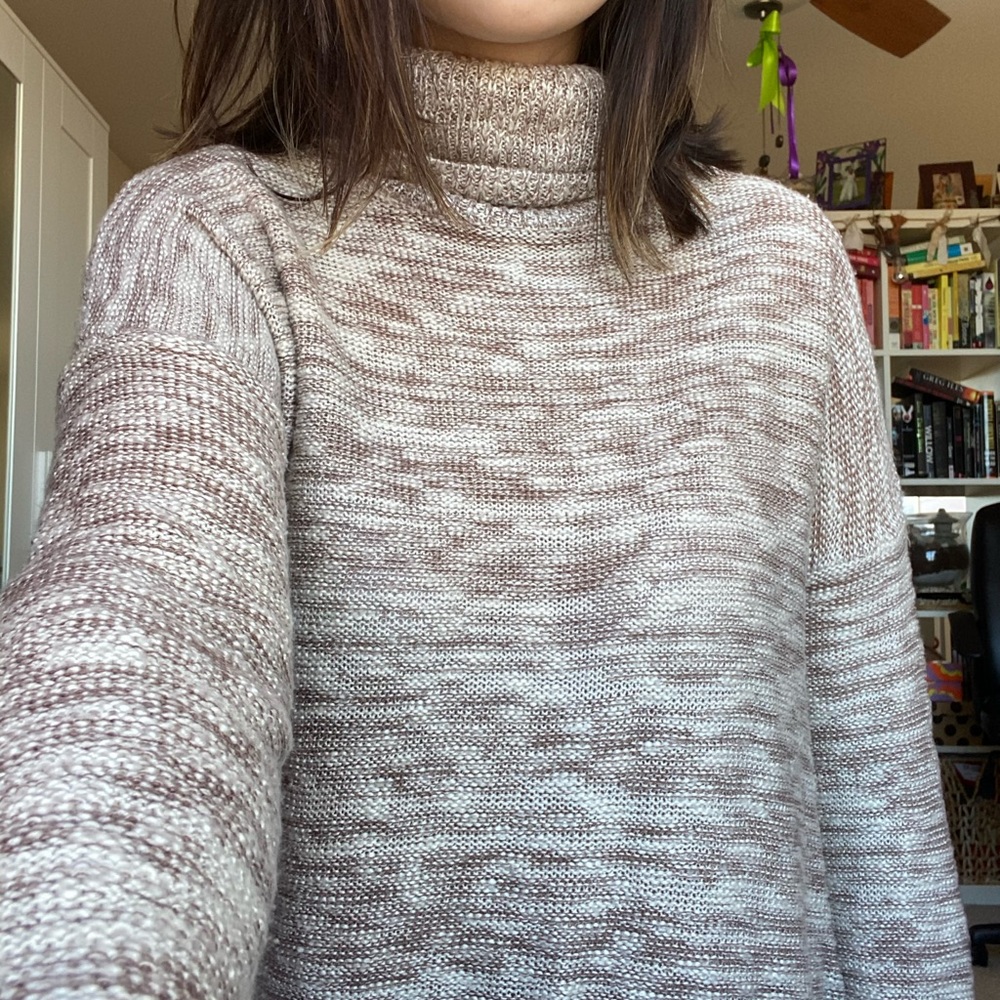 Brown and white knit turtle neck sweater